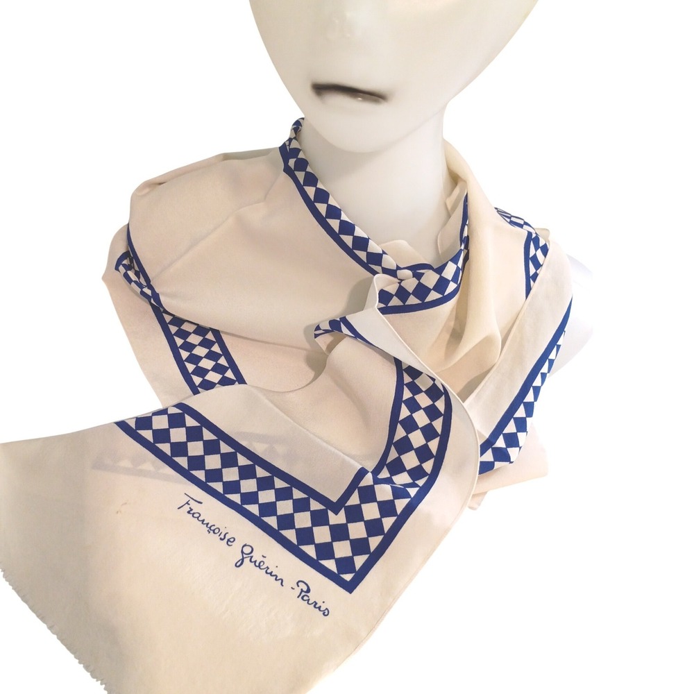 Francoise Guerin Paris Silk Scarf Cream Blue Checkerboard Signature Print Long